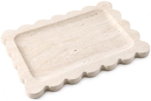 Koville Romano Travertine Vanity Tray, 11"x8" Natural Stone Organizer Tray for Countertop Bathroom Kitchen Dresser, Marble Decorative Scalloped Tray for Jewelry Cosmetics Perfume Trinket(Beige) by Koville