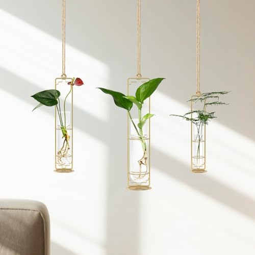 MIPON Metal Hanging Plant Propagation Station,3 Size Glass Test Tube Hydroponic Planter,Boho Wall Hanging Plant Cuttings Holder,Indoor Water Plant Terrarium Tubes for Home Office Window Decor-Gold - Image 3