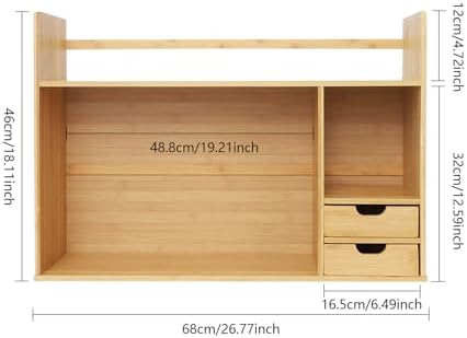 Bamboo Desktop Bookshelf with 2 Drawers, Small Bookcase for Students Study, Tow Shelves Office Desk Bookshelf Organizer, Books Paper Sorter Shelf on Desk - Image 3