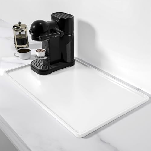 Rnivvi Silicone Coffee Mat, 12" x 19" Waterproof Raised Edge Coffee Bar Mats for Espresso Machine Station Accessories, Heat Resistant Dish Drying Pad for Kitchen Counter, Rubber Bar Decor Pad, White by Rnivvi
