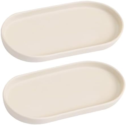 2 Pack Matte Beige Round Soap Dispenser Tray - 8'' Ceramic Vanity Tray & Organizer Plate Set, Bathroom & Kitchen Countertop Decor for Soap Dispenser, Jewelry, Cosmetics, Sink by Eyrozia