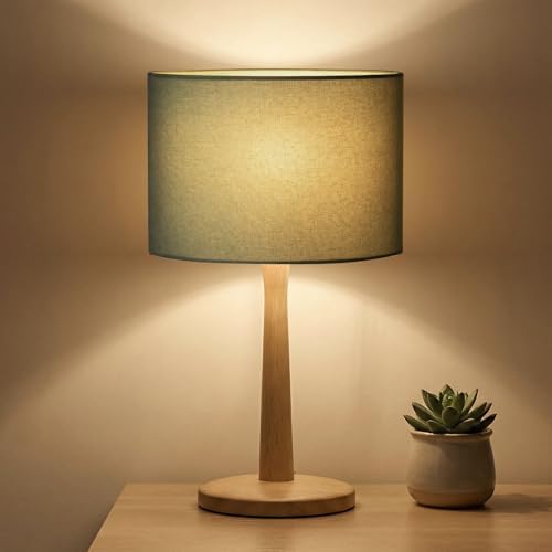 16.3” Natural Wood Table Lamp with Linen Drum Shade, E26 Base, UL listed by Lxmons