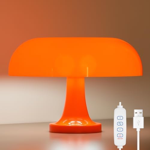 Orange Bedside Lamp for Bedroom Nightstand, Retro Mushroom Table Lamp with 3 Lighting Color and 10 Brightness Level, Desk Lamp for Reading Room/Office/Dorm(W11'' x H7.67'', USB Powered) by DIVEKID