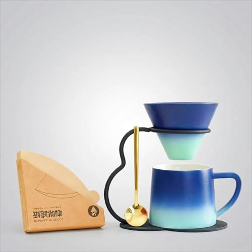 Pour Over Coffee Maker set,Ceramic Coffee Maker With V60 40 pcs Paper Filter，Metal Stand 9oz 270ml mug Pour Over Coffee Dripper blue - Image 2
