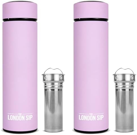The London Sip Multi-Purpose Travel Mug and Tumbler Fruit Infused Flask Hot and Cold Double Wall Stainless Steel Thermos with Extra-Long Infuser, Gentle Lilac, Pack of 2 by TheLondonSip