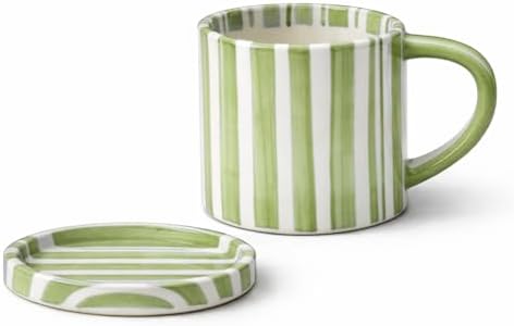 8oz Handmade Ceramic Espresso Mug with Coaster, Speckled Glaze Aesthetic Coffee Cup, Minimalist Striped Cappuccino Flat White Mug, Microwave Safe (green) by TYNUOCN