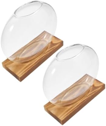 SMASOLO 2pcs Hydroponic Glass Vase with Wooden Terrarium Stand, Propagation Planter for Home and Office, Decorative Green Plant Desk Vase Set by SMASOLO