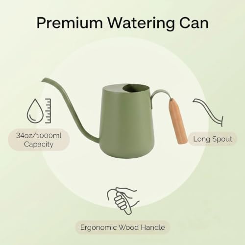 34oz Capacity, Indoor Plants Watering Can with Long Spout, Green Metal with Wood Handle (Green) - Image 5