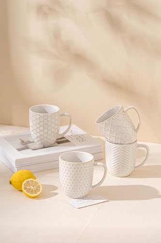 FOBENTA Ceramic Coffee Mugs Set of 4, 12oz Embossed Cups with Elegant Patterns – A Thoughtful Gift for Women, Mom, or Friends,Perfect for Tea, Latte, Cocoa (Arctic White, 12 OZ) - Image 7