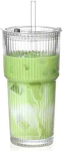 20 oz Glass Tumblers, Iced Coffee Cups with Lids and Glass Straws, Thickened Wall Ribbed Glass Cups, Ideal for Smoothies, Cocktails, and Juices – Vintage and Durable Drinkware – 1 Pack by MINGHYZYA