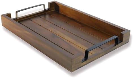 17" x 11" x 2" Acacia Wood Serving Tray with Black Iron Handle by Lasungreen