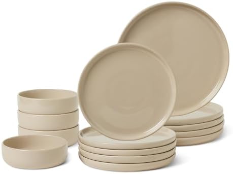 Amazon Basics Glazed Stoneware Dinnerware, 12-Piece Set, 4 Full Place Settings, Dishwasher-Safe, Microwave-Safe, Linen Gray by AmazonBasics