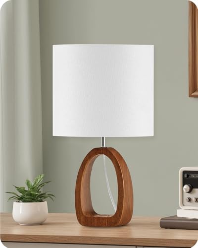 Small Table Lamp, 14.2" Cute Little Desk Lamp, Wood Bedside Lamp with White Linen Lampshade & Dark Pearwood Base, Modern Nightstand Lamp for Bedroom, E26 Base, Bulb Not Included, LW07TL05 by GOEBLESON