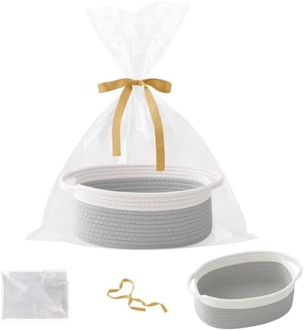 Woven Rope Basket - Baby Gift Basket with Bag & Ribbon, White&Grey by HZFTJOY