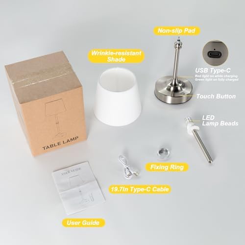 Kakanuo Rechargeable Cordless Table Lamp Silver - 1 Pack 4000mAh Battery Operated Lamp, 3000K Warm Light, Touch Control Stepless Dimming, for Bedside, Dining Table, Home Decor - Image 5