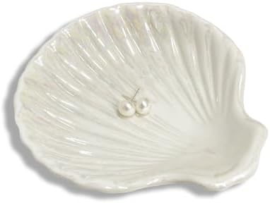 Ring Dish Shell Shape Ceramic Jewelry Dish Tray, Decorative Trinket Dish Organizing Rings Earrings Necklaces Keys, Mothers Day Christmas Birthday Gifts for Women, 3.9", White Iridescent Surface by GO2HEJING
