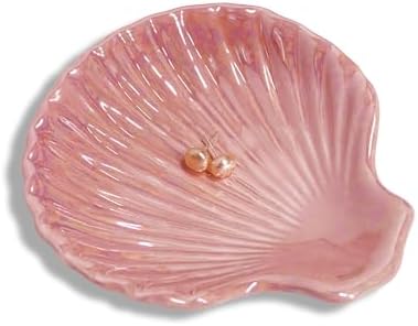 Shell Shape Ring Holder Dish, Seashell Jewelry Dish Tray, Ceramic Trinket Tray for Rings Earrings Necklaces Bracelet, Birthday Christmas Gift for Mom Friend Sister, 3.9", Pink Iridescent Surface by GO2HEJING