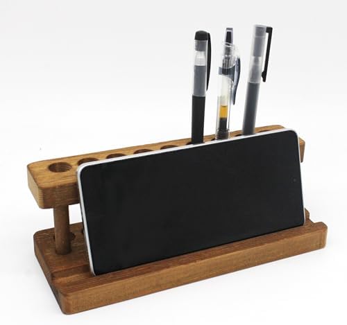 Wooden Pen Holder for Desk, Solid Walnut Pencil Stand Pen Displays with 9 Slots and Cell Phone Holder, Aesthetic Pens Organizer for Minimalist Office Desk Decor by VKSG