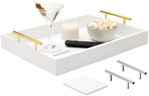 Juvale Ottoman Tray with Coasters & Interchangeable Gold & Silver Handles - 15.7" x 11.8" x 3.1" - White Rustic Wood Rectangular - Coffee Table Tray for Serving & Decorative Accents by Juvale