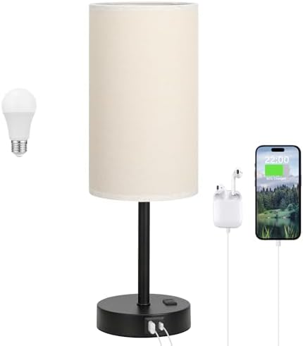 Dicoool 17.4" Bedside Lamp for Bedroom - Dimmable Touch, USB A+C, AC Outlet by DicooolDirect