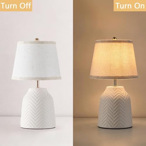 SOTTAE 14'' White Ceramic Table Lamp with Linen Fabric Shade, Leaf Patterned Ceramic Desk Lamp, Mid Century Modern Bedside Nightstand Lamp for Bedroom Living Room Reading Room - Image 6