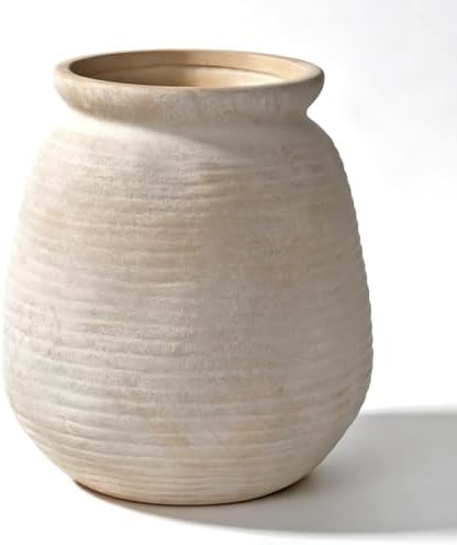 Rustic Terracotta Pot, 7 Inch Short Farmhouse Vase with Weathered Texture Vintage-White, Boho Home Decor for Pampas Grass, Tabletop, Mantel and Shelf Styling by Zipper