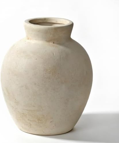 Rustic Terracotta Pot, Off-White Ceramic Flower Vase 6.1 Inch, Farmhouse Boho Centerpiece for Home Decor, Living Room, Table, Shelf, Mantel & Bathroom by Zipper