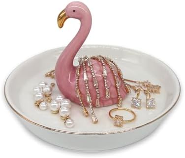Flamingo Jewelry Holder & Ceramic Ring Dish – Pink Tropical Decor for Kitchen Sink or Vanity – Cute Engagement, Birthday, or Mother’s Day Gifts for Women & Girls – Gold-Rimmed Tray by monoliving