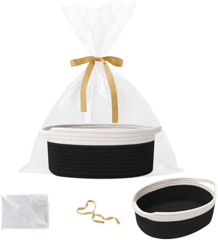Woven Rope Basket - Baby Gift Basket with Bag & Ribbon, White&Black by HZFTJOY