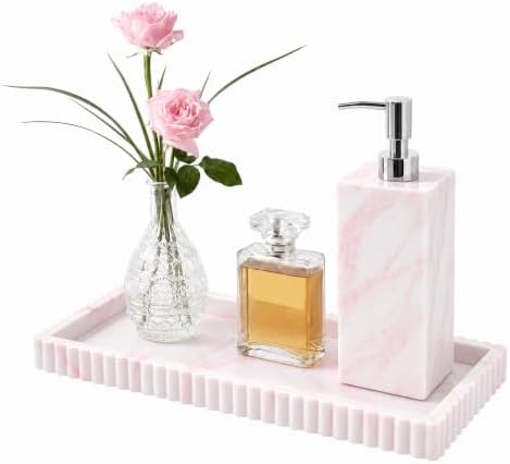Bathroom Vanity Tray - 9.4''x3.9'' Silicone Bathroom Tray with Scalloped Edge, Counter Top Tray for Vanity Sink Countertop, Decorative Organizer for Cosmetics Jewelry, Rectangular, Marble White Pink by METEOROCK