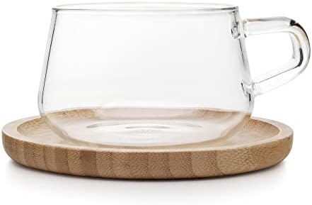 VIVA Classic Glass Coffee Mug or Tea Cup and Saucer Made of Bamboo Wood - 9 oz / 250ml - Perfect for Cappuccinos, Macchiatos, and lattes by VIVASCANDINAVIA