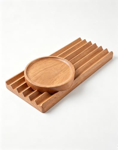 Beech Wood Desk Organizer, 6-Slot Pen Holder with Detachable Round Tray, Wooden Stationery Storage for Pens, Pencils, Office Supplies, Desk Accessories for Home Office, Minimalist Desk Decor by LITAITAI