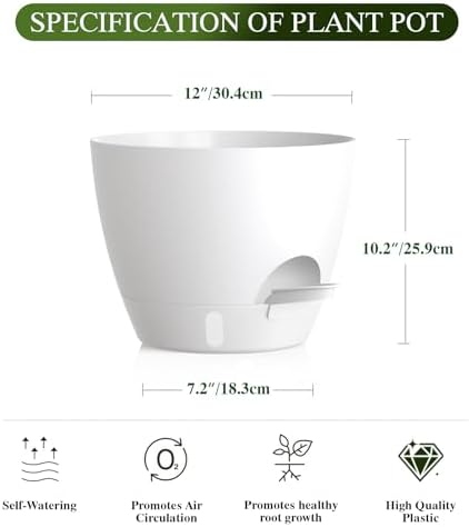 Plant Pots, 1 Pack 12 Inch Self Watering Pots with Drainage Holes, Water Level Indicator Deep Reservoir, Large Planters for Indoor Outdoor Plants - White - Image 2