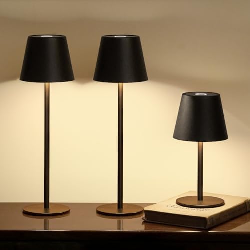 3 Pack Cordless Table Lamp, Portable Battery Operated Lamp with 3 Color Temps and Stepless Dimming, Rechargeable Table Lamp for Dinner, Desk, Cafe, Outdoor (Black) by Keysays