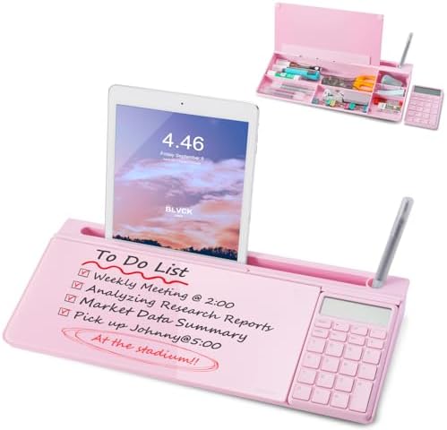 Small Glass Desktop Whiteboard Dry-Erase-Board - Computer Keyboard Stand with Calculator White Board Surface Pad with Drawer, Desk Organizers with Accessories for Office, Home, School Supplies - Pink by TSJOFFICE-WipeCleanThinkGreenWorkSmart