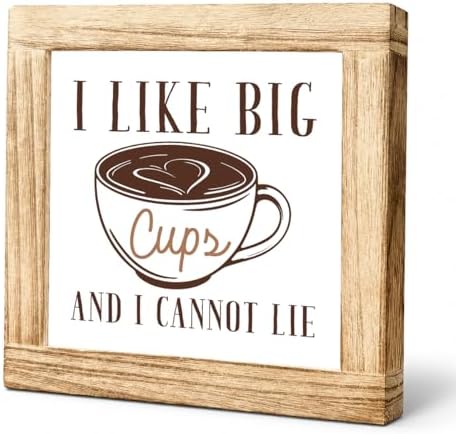 Coffee Wooden Plaque, I Like Big Cups and I Cannot Lie, Funny Kitchen Coffee Sign, Brown Latte Art Decor Accent, Rustic Counter Display For Pantry Shelf Breakfast Bar, 5.9 x 5.9 in by Unknown