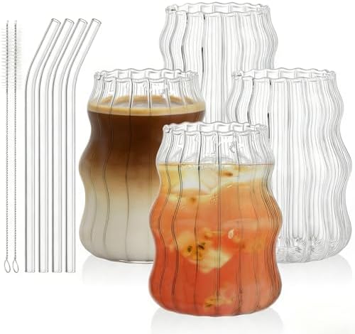Tebery 4 Pack Cute Drinking Glasses, 16 Oz Ribbed Iced Coffee Cup Tumbler with Straws, Aesthetic Vintage Water Glassware Mug for Cocktail Smoothie Juice Beverage Milk Tea by Tebery