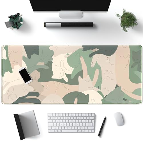 Green Simple Cat Desk Mat Sleeping Cute Long Cool Mouse Pad for Laptop Gaming Computer Keyboard Pad Office Decor Desk Pads Accessories On Top of Desks Office Supplies Mat (31.5x11.8In) Stitched Eges by Mechanical+Cattle