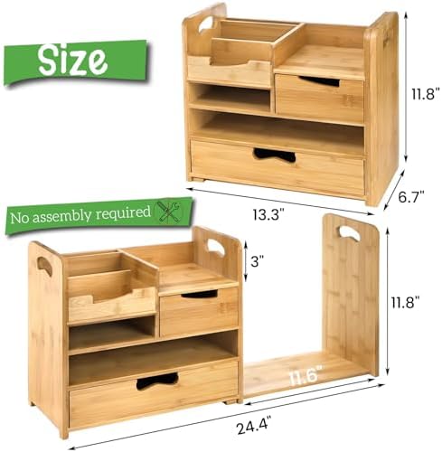 ZOOFOX Bamboo Desk Organizer with Adjustable File Holder, Mail Organizer Countertop with Drawer, 4-Tier Desktop Organization and Desk Accessories for Home Office School Supplies, No Assembly Required - Image 2
