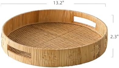 Round Rattan Tray for Coffee Table, Large Woven Decorative Tray, Wicker Serving Trays with Handles for Home and Kitchen Decor 13.2 inch - Image 5
