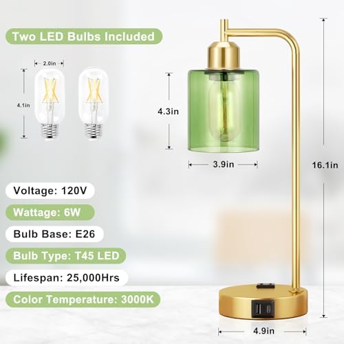 Innqoo Industrial Green Table Lamps for Bedrooms Set of 2-3-Way Dimmable Desk Lamp with USB C+A Ports and Outlet, Gold Lamps with Green Glass Shade for Living Room - Image 6