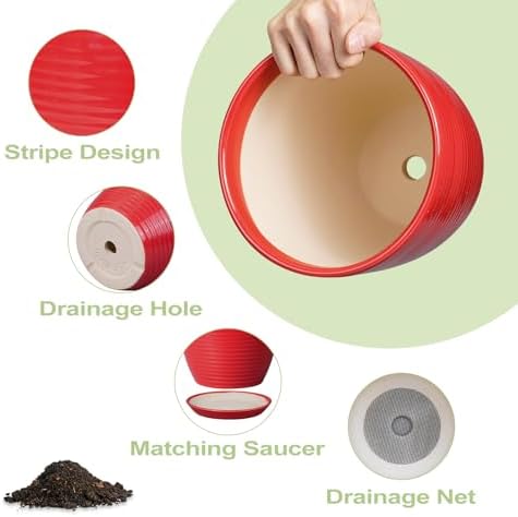 6 Inch Ceramic Plant Pot - Ceramic Pots for Plants, Round Planter with Drainage Hole and Saucer, Modern Flower Pots for Indoor Plants, Desk Home Office Decor, Plant Lover Gifts, Glossy Red - Image 7