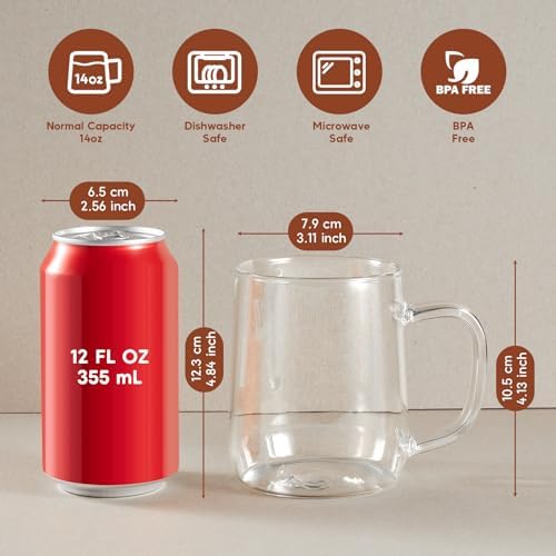 Glass Coffee Mugs, 14 oz Glass Coffee Cups Set of 2, Clear Borosilicate Glass Mugs with Handles for Cappuccino, Tea, Latte, Hot/Cold Beverages, Wine, Americano - Image 2