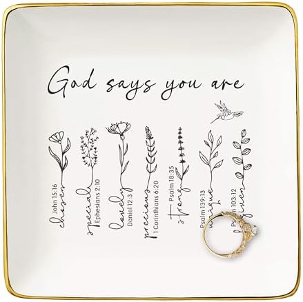 NZY Inspirational Christian Scripture Religious Bible Verse Reminder Gift for Women-Affirmation Positive Birthday Christmas Gift-Encouragement Jewelry Tray Trinket Holder Ring Dish,God Says You Are by NZY