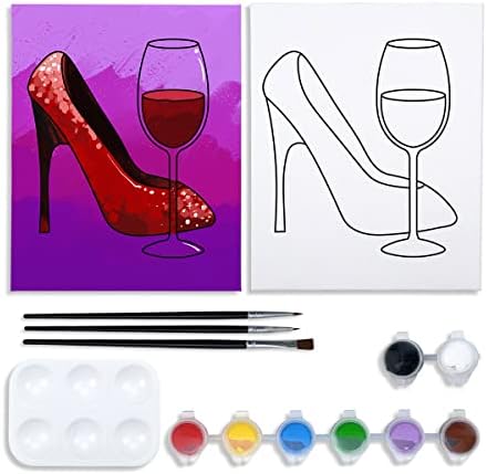 VOCHIC Pre Drawn Canvas for Painting for Adults Paint and Sip Kit Pre Printed Canvas to Paint Party Supplies 8x10 inch Girl High Heels Glass 8 Colors,3 Brush,1 Pallet Art Set by VOCHIC