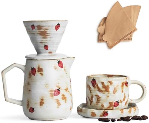 Handcrafted Pour Over Coffee Maker Set with Coffee Cup with Strawberry Pattern 20 Count Paper Filter V60 Drip Coffee Maker 20 oz Coffee Dripper (Strawberry) by SERENITYINEVERYSIP