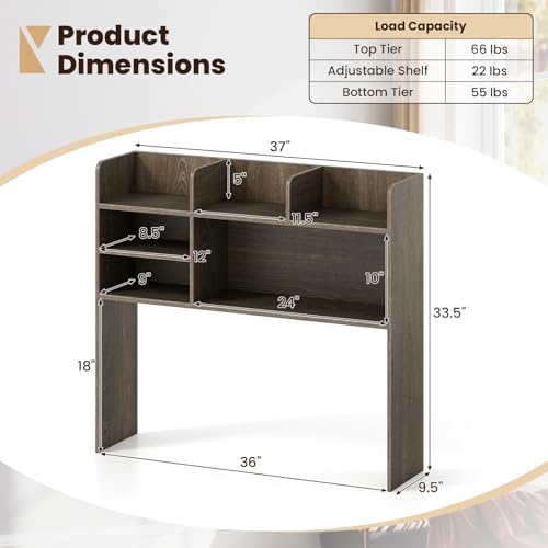 Giantex Desktop Bookshelf, 37" Desk Hutch Dorm for Computer Up to 32 Inch, Countertop Hutch w/6 Storage Shelves, 3-Tier Desktop Organizer Display Rack, Wood Desk Shelf for Home Office (Grey Oak) - Image 3