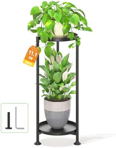 LASZOLA Metal Plant Stand Indoor Tall with 11 Inch Large Tray 2 Tier Black by LASZOLA