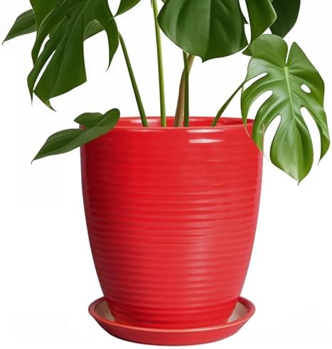 Ceramic Pot for Plants - 8 Inch Plant Pot for Indoor Plants Outdoor Round Planter Modern Flower Pot with Drainage Hole and Saucer Home Garden Office Porch Decor Red by EPFamily