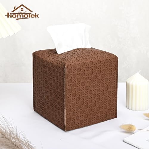 HOMOTEK 2 Pack Tissue Box Cover, Square PU Leather Tissue Holder, Decorative Facial Tissue Cube Paper Organizer Dispenser for Bathroom, Night Stands, Desk, Car 5X5X5'' - Rattan Weave,Chocolate - Image 3